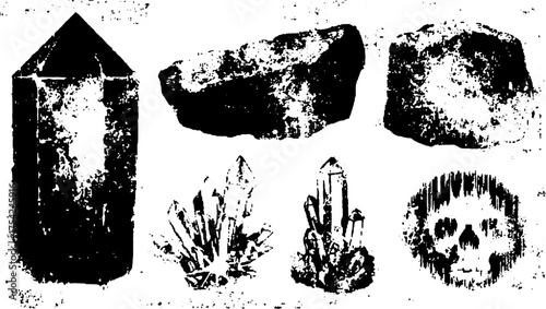 Vintage engravings of crystals and stones with a skull illustration. Black line vector illustration set displaying various natural elements.
