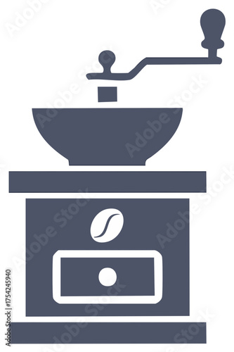 Simple dark grey manual coffee grinder icon with hand crank and coffee bean symbol