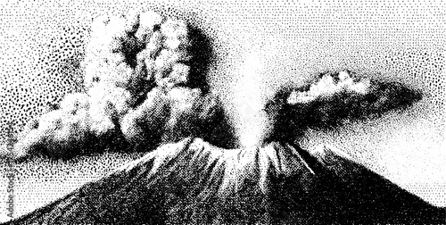 Volcano eruption illustration with smoke and clouds. Hand-drawn black and white vector engraving set in classic vintage outline.