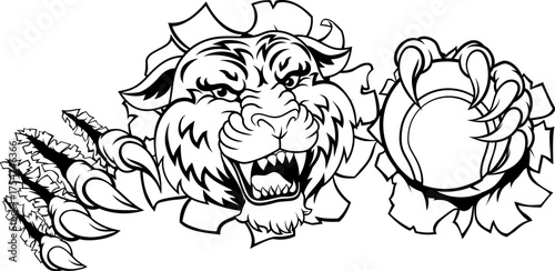 A tiger with a tennis ball sports team animal cartoon mascot