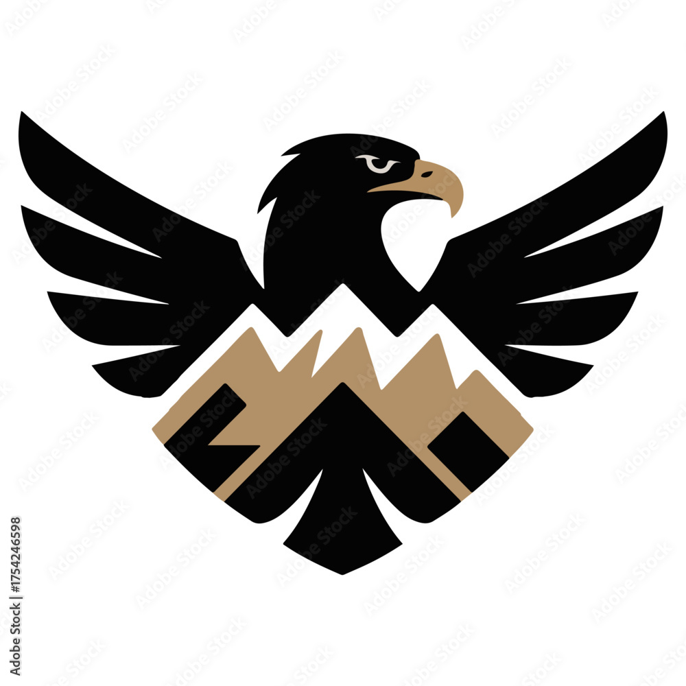 Naklejka premium A majestic eagle logo soaring above a mountain landscape, symbolizing strength and freedom