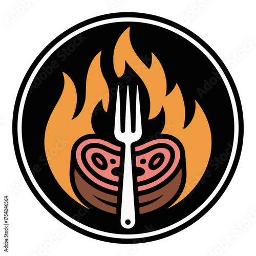 A mouthwatering steak ready to be devoured, sizzling amidst flames with a fork