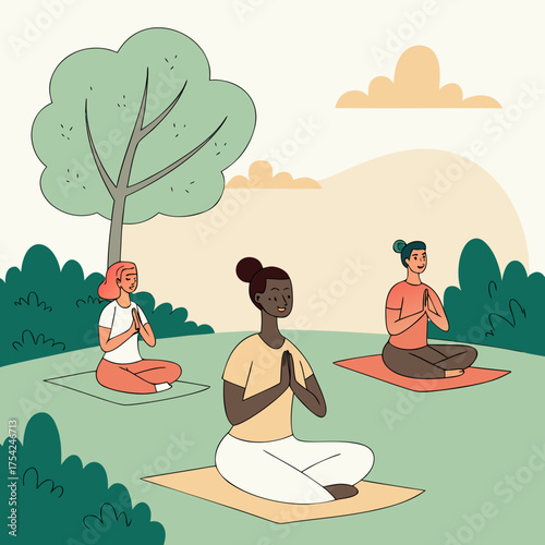 Vector flat illustration of diverse people doing yoga and meditation outdoors, calm color palette, clean composition.