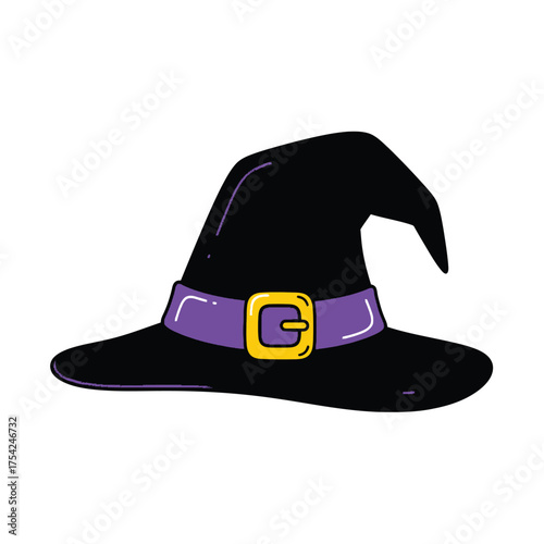 Witch Hat Halloween Costume Accessory, Black Pointed Hat with Purple Band and Gold Buckle