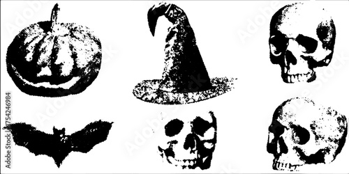 Pumpkin and skull in hand-drawn style. Vintage black outline design featuring retro elements for a vector illustration set.