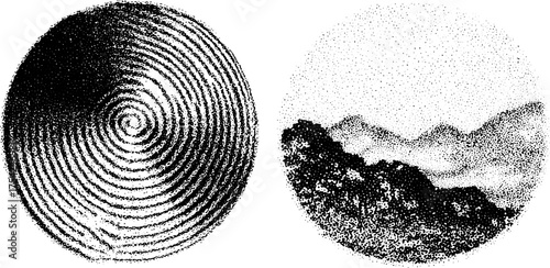 Abstract black and white graphic pattern featuring spiral and mountain designs. Round textures in a vector illustration set.