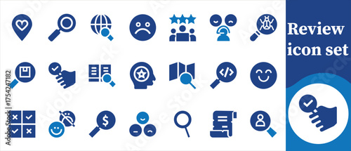 Review icon set, form, finance, management, compliance, report, investigation, information, risk, invoice, asset, magnifier, money, testimonial, selection, dislike, FAQ and more