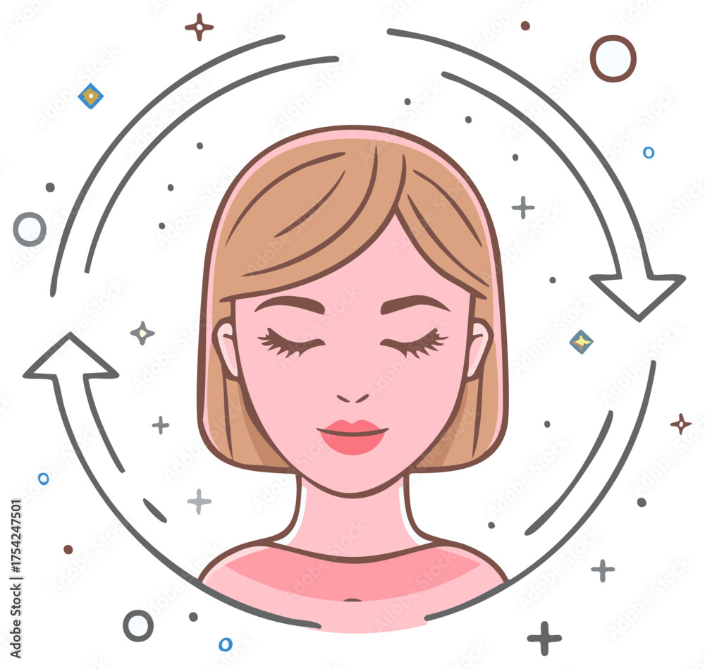 Naklejka premium Woman's serene face surrounded by circular arrows symbolizing beauty routine or mind cleansing