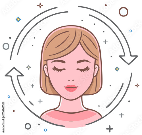 Woman's serene face surrounded by circular arrows symbolizing beauty routine or mind cleansing