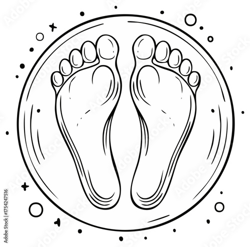Stylized Human Feet Outline in a Circular Frame Line Art Illustration