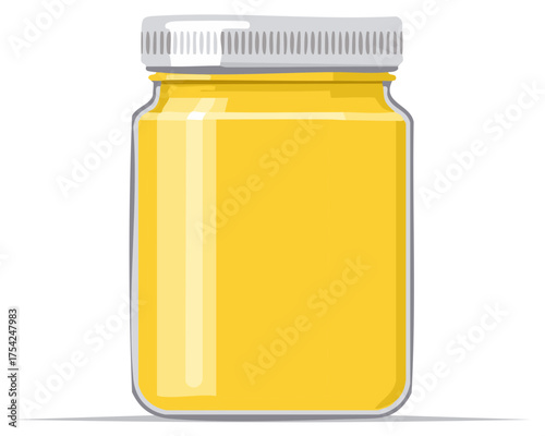 Glass jar filled with golden honey preserved with white lid