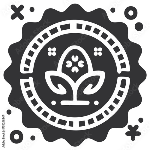 Stylized organic plant icon in a decorative scalloped circular emblem with playful graphic elements