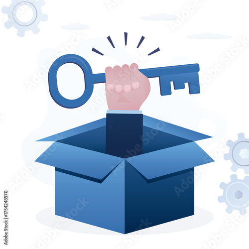 Opened cardboard box, mentor hand give key from success. Skills improvement, business or product development, solution to solve business problem.