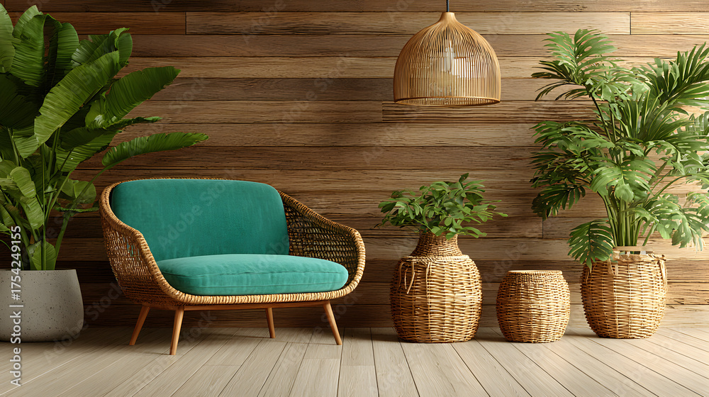Fototapeta premium Cozy Interior with Teal Chair and Natural Accents.