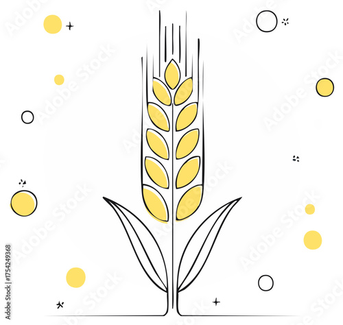 Stylized ear of wheat with scattered yellow circles and lines