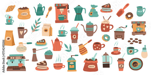 Set of coffee cliparts isolated on white background. Coffee concept. Coffee elements. Vector flat illustrations.