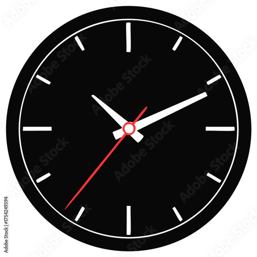 Simple Black and White Clock Face with Red Second Hand Graphic