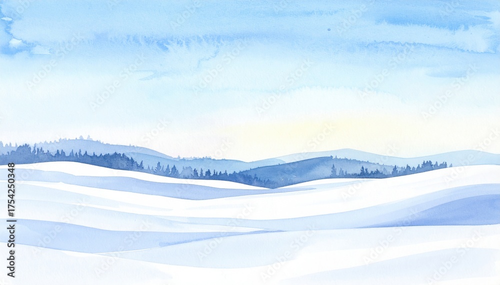 Obraz premium Serene winter landscape featuring soft snow-covered hills under a clear blue sky at dawn