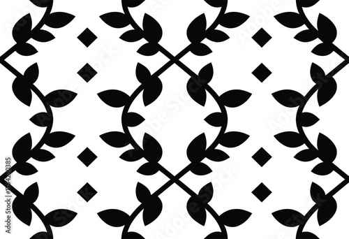Seamless black and white geometric pattern featuring elegant organic leaf motifs and small diamond shapes a sophisticated repeatable vector graphic silhouette vector illustration white background