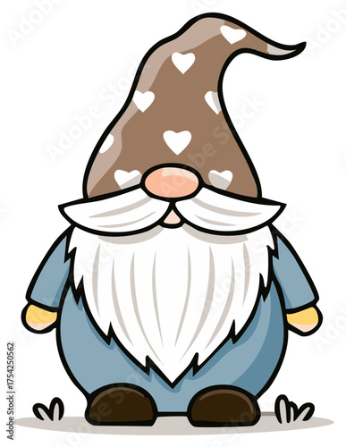 Cute cartoon gnome with heart patterned hat and a large beard and rosy cheeks