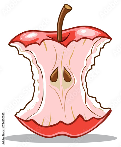 Brightly Colored Cartoon Apple Core Illustration Featuring Stem and Seeds After Being Eaten
