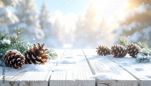 Snow-covered wooden table adorned with pinecones and branches, set against a serene winter forest backdrop