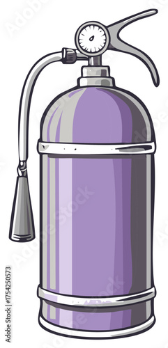 Purple fire extinguisher illustration with pressure gauge and nozzle