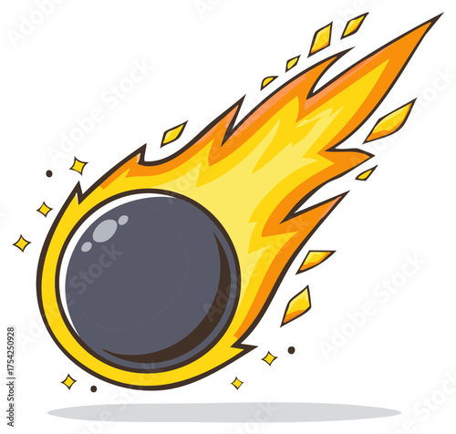 Dynamic fiery meteorite with glowing trail and sparkling elements flat design vector