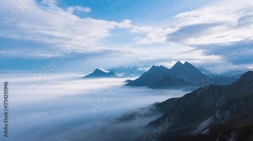 Majestic mountain peaks rising above a sea of clouds under a serene blue sky, evoking tranquility and awe.