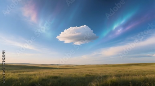 Golden grassland under a vast sky, crowned by a solitary cloud and ethereal aurora rays, evoking serenity and wonder.
