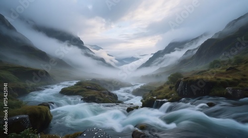 Misty mountain river flowing through lush green valleys, with soft clouds drifting over rugged peaks, evoking serene and mystical atmosphere.