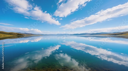 Calm turquoise lake mirroring fluffy white clouds and distant rolling hills under a vast blue sky, evoking peace and natural harmony.