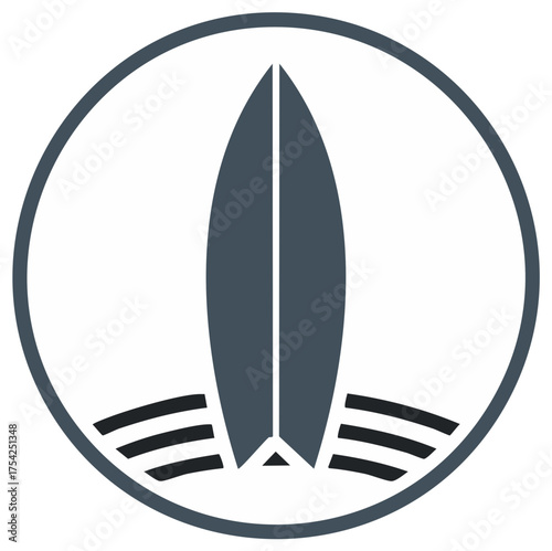 Surfboard Circle Badge with Waves Icon Symbol for Coastal Lifestyle Sports Design Element