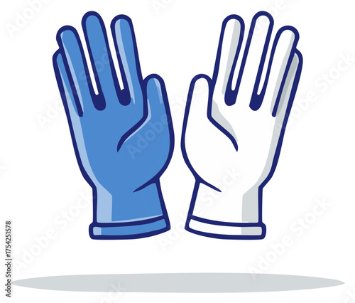 Pair of protective gloves on white. Blue medical glove and white service glove icon illustration.