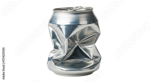 Canvas Print Isolated, severely damaged silver aluminum soda can, crushed and crumpled by com
