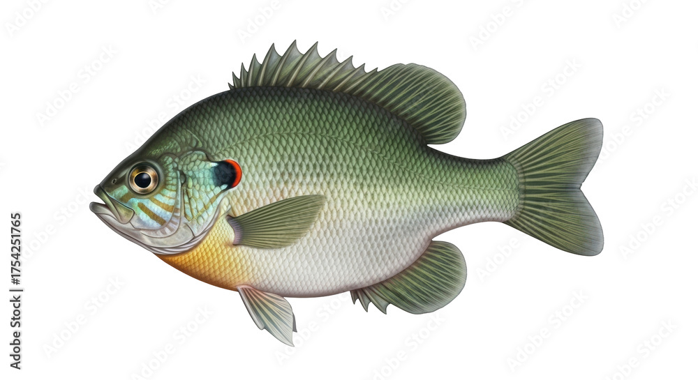 Fototapeta premium Isolated Bluegill sunfish animal, freshwater angling species, vibrant colors, detailed drawing