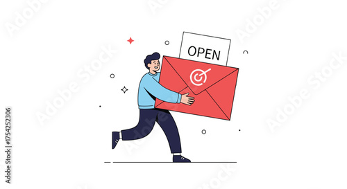 Man running with a giant open envelope and a target symbol on it.
