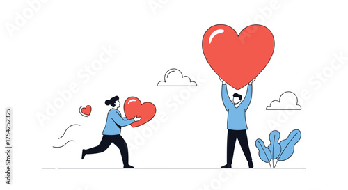 Two people hold large hearts symbolizing love and compassion for others.