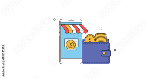 Digital commerce growth with online shopping and secure payment options in a virtual wallet.