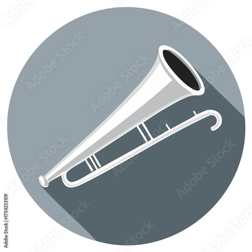 Stylized Brass Trombone Musical Instrument Flat Design Icon with Long Shadow
