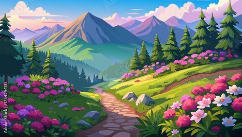 Very beautiful scenic mountain trail winding through vibrant pink azaleas surrounded by lush green forests, leading toward a breathtaking panorama of rolling hills — a peaceful summer escape along the