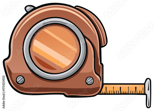 Close up of a vintage copper retractable tape measure tool with metallic accents and measurement markings