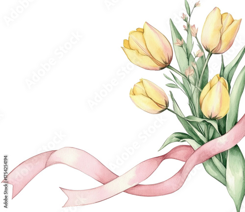 
Watercolor, cute and adorable wedding decorative corner frame made of light pink ribbon with yellow tulips and green leaves, clipart isolated on a white background