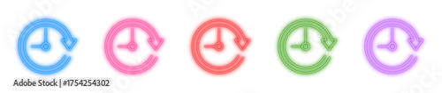 Refresh clock neon icon isolated, Glowing history symbol, Bright time arrow, Luminous update sign, or Shiny replay pictogram vector illustration