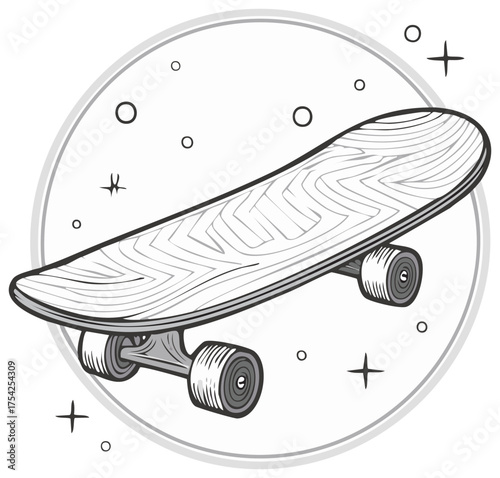 Stylish grayscale skateboard drawing with wood texture for youth and extreme sports