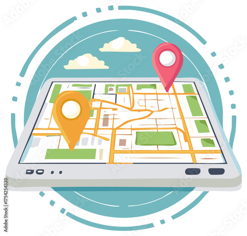 Digital map on tablet showing location pins and city grid