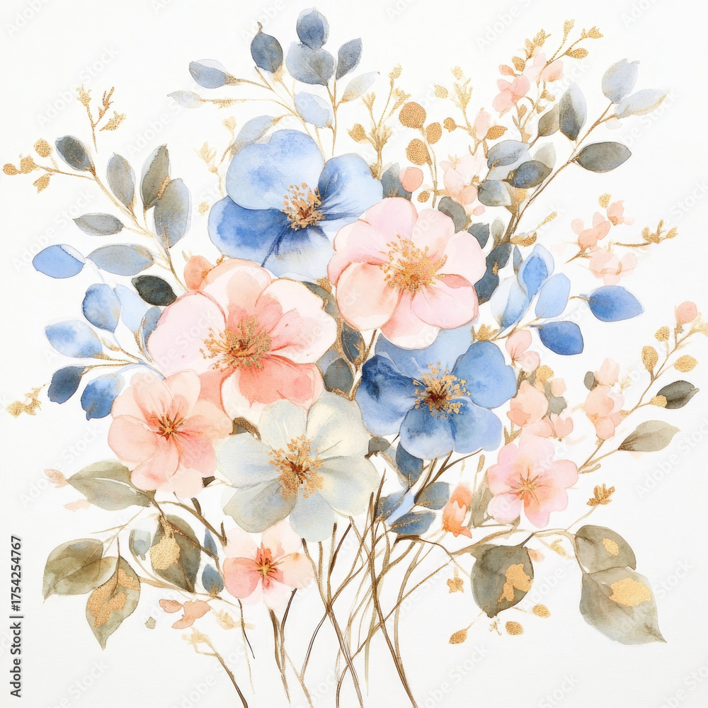 Obraz premium Watercolor floral bouquet with gold foil accents, featuring pink and light blue flowers