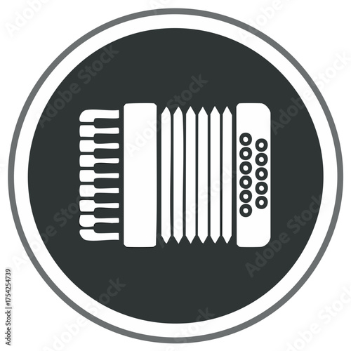 Icon of an accordion within a circular frame, simple graphic music element illustration.