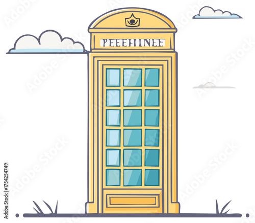 Cartoon Yellow Telephone Booth with Blue Glass and Clouds in the Sky