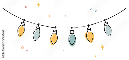 Whimsical hand drawn string lights with pastel accents and scattered stars